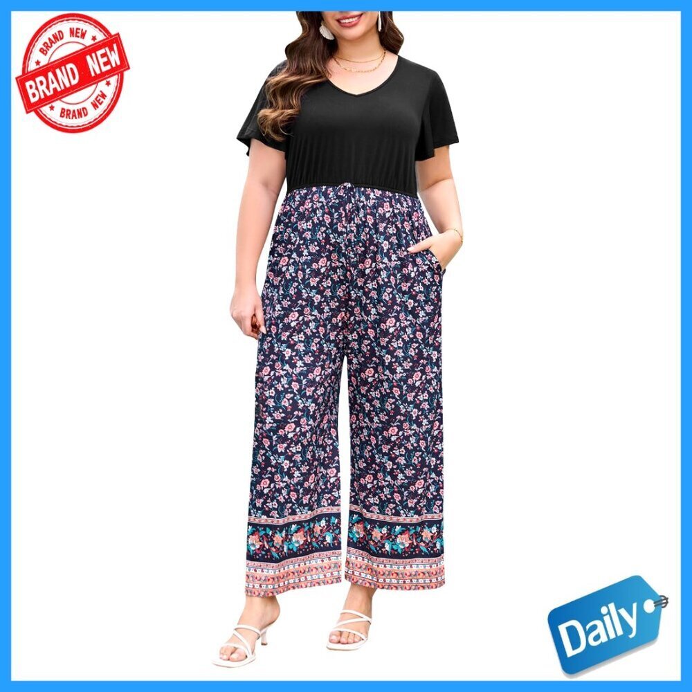 Plus Size Floral Romper, V Neck Jumpsuit for Wedding Guest, Casual Wear